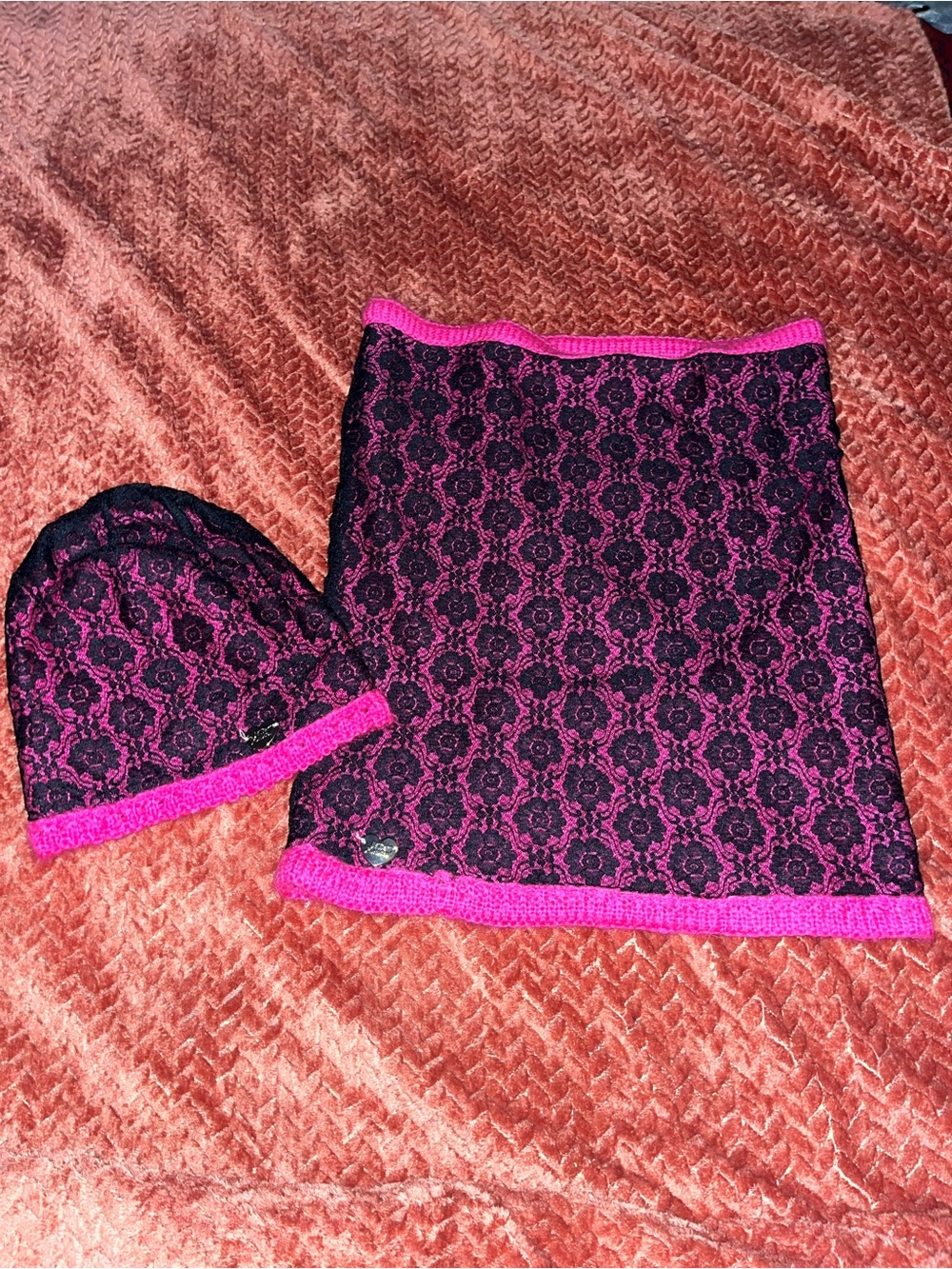 Betsy Johnson Pink and Black Lace Knit Beanie and Neck Warmer Set